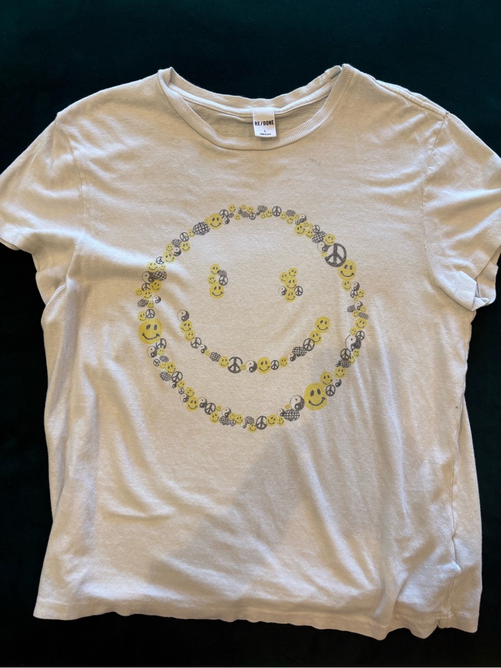 Re/Done Cream Tee with Yellow Smiley Mosaic